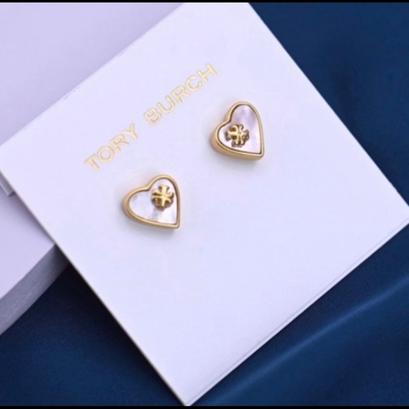 Tory Burch Jewelry - Tory Burch Limited Edition Heart Mother of Pearl Logo Stud Earrings